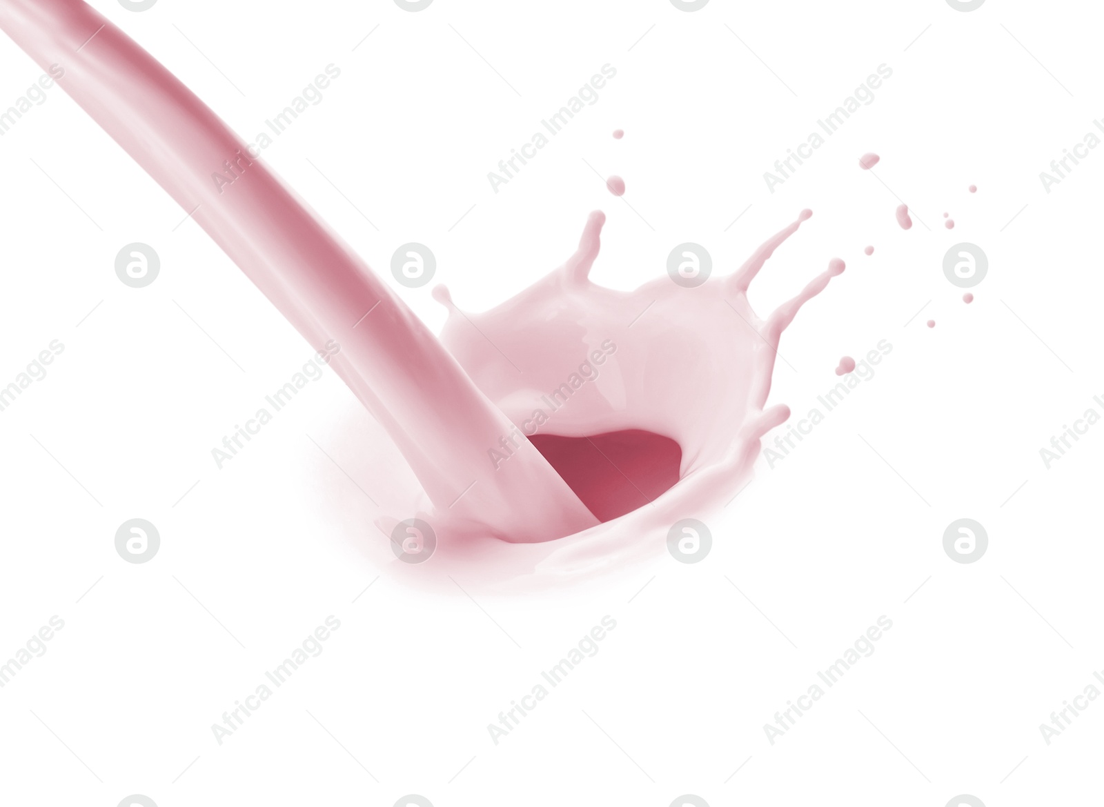 Image of Flow of strawberry milkshake on white background