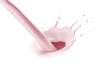 Image of Flow of strawberry milkshake on white background