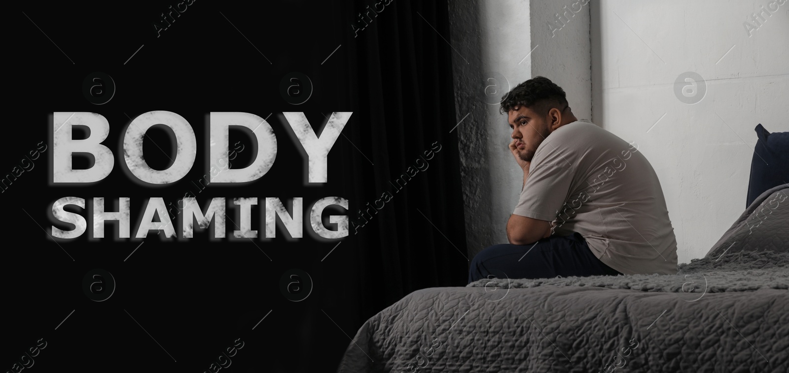 Image of Stop body shaming. Depressed overweight man on bed at home. Banner design