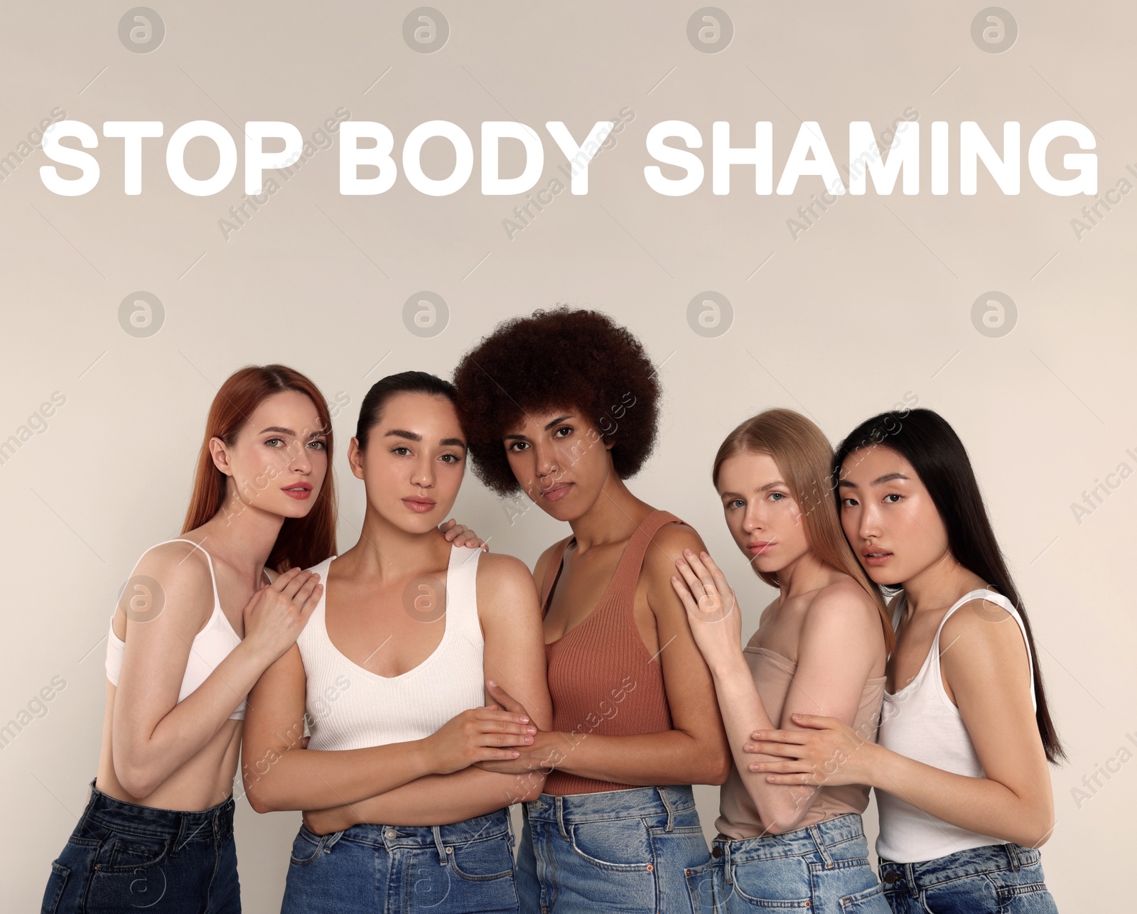 Image of Stop body shaming. Beautiful young women on beige background