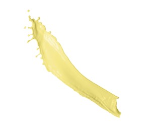 Image of Splash of banana or vanilla milkshake in air on white background