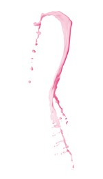 Image of Splash of strawberry milkshake in air on white background