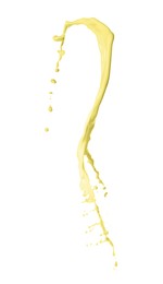 Image of Splash of banana or vanilla milkshake in air on white background