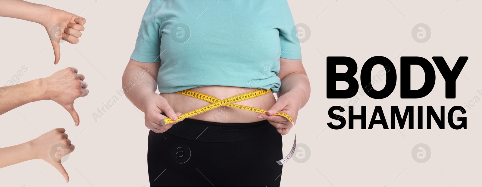 Image of Overweight woman measuring her waist with tape and people showing thumbs-down on white background, banner design. Stop body shaming