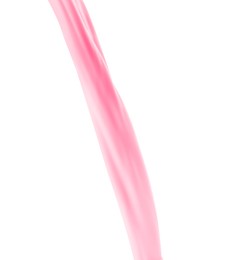 Image of Flow of strawberry milkshake on white background