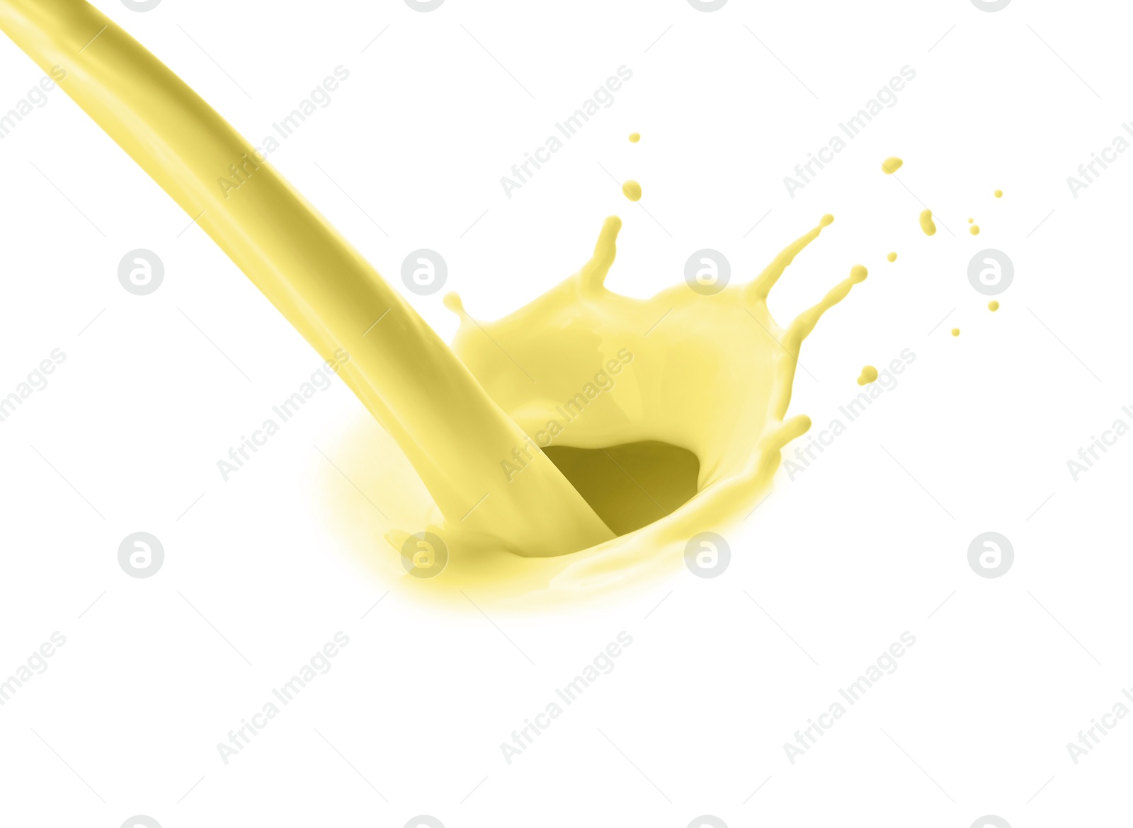 Image of Flow of banana or vanilla milkshake on white background