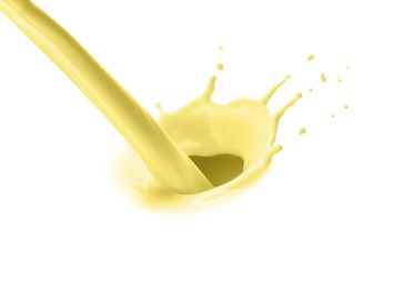 Image of Flow of banana or vanilla milkshake on white background