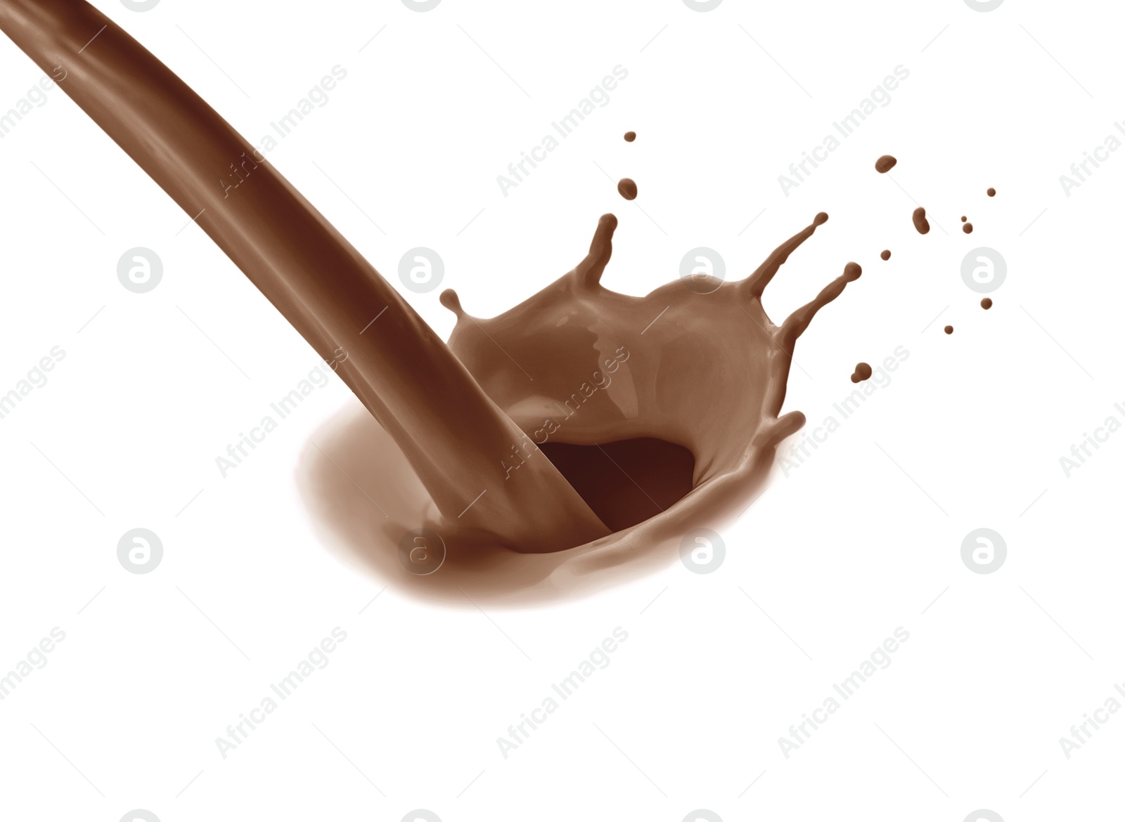 Image of Flow of chocolate milkshake on white background