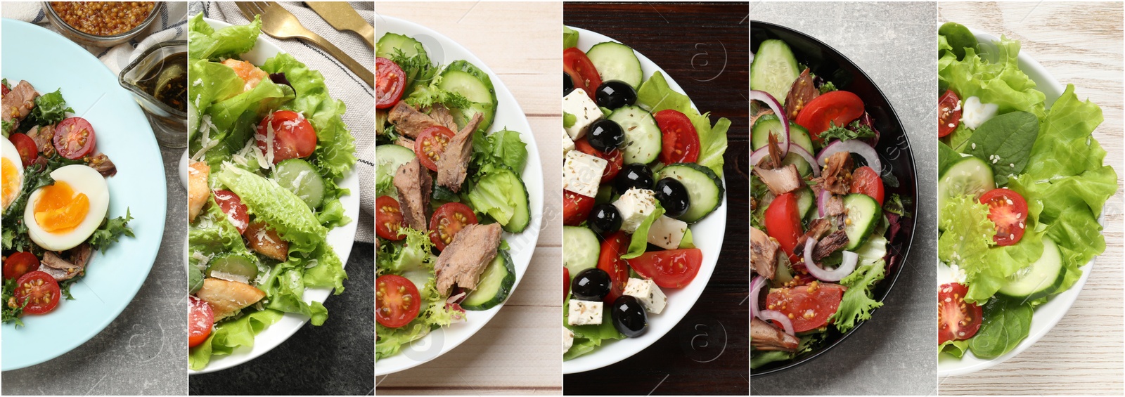 Image of Many different salads on tables, top view. Set