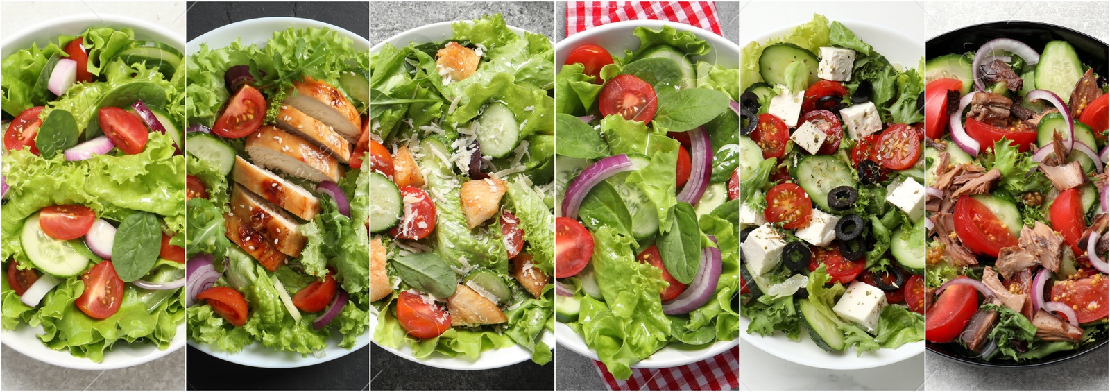 Image of Many different salads on tables, top view. Set