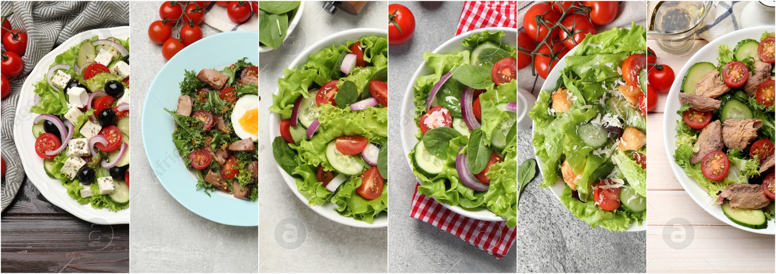 Image of Many different salads on tables, top view. Set