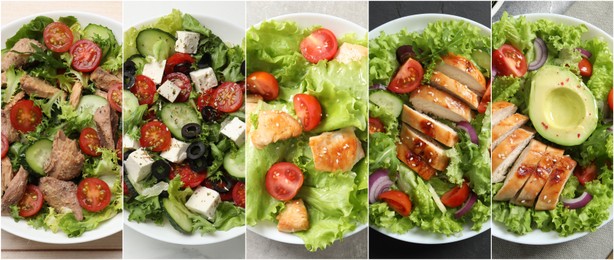 Image of Many different salads on tables, top view. Set