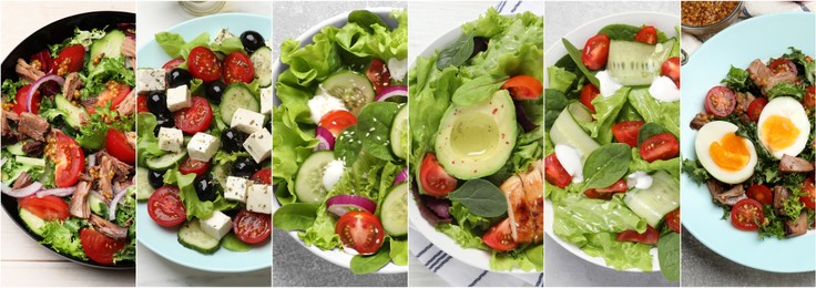 Image of Many different salads on tables, top view. Set