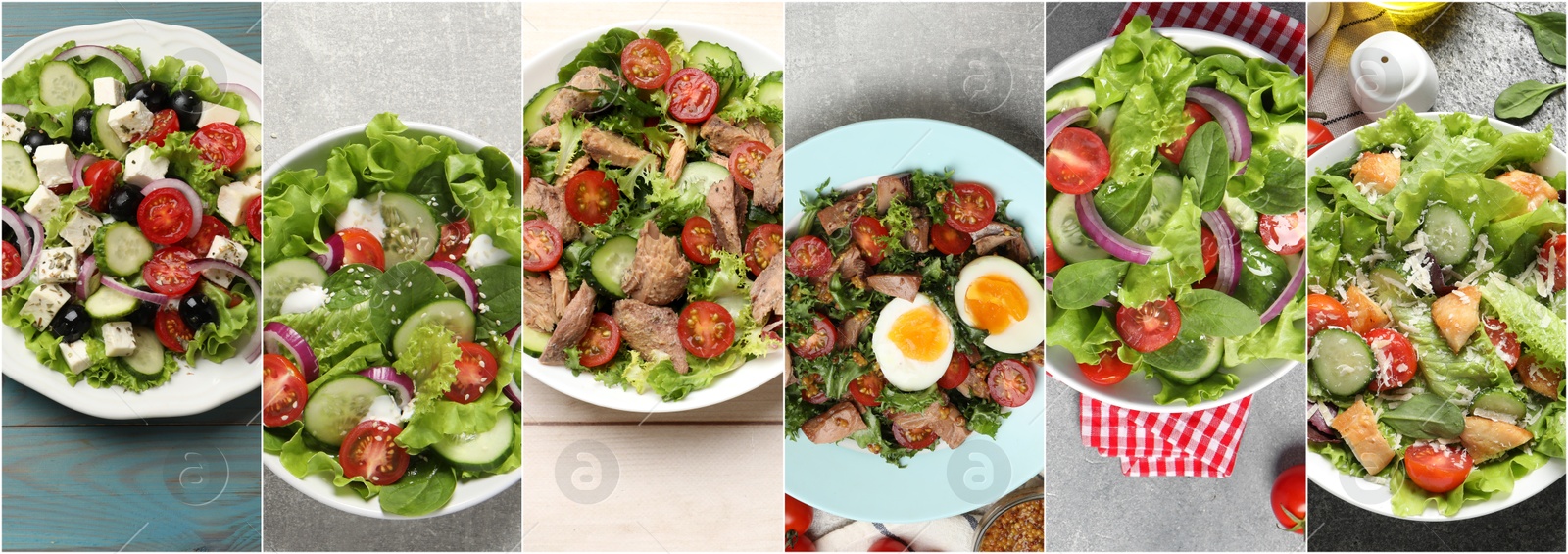 Image of Many different salads on tables, top view. Set