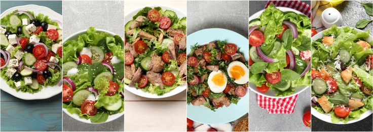 Image of Many different salads on tables, top view. Set