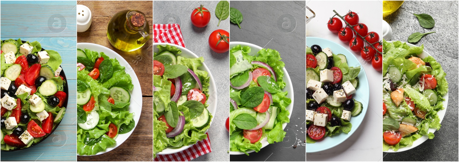 Image of Many different salads on tables, top view. Set