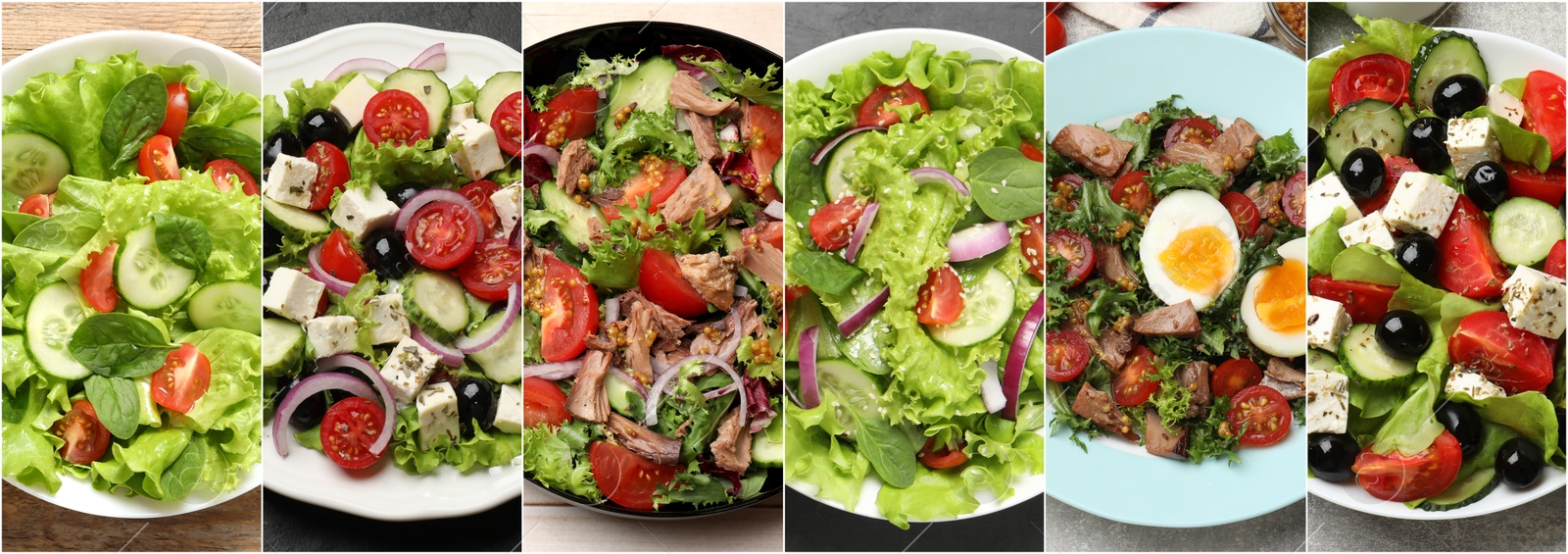 Image of Many different salads on tables, top view. Set