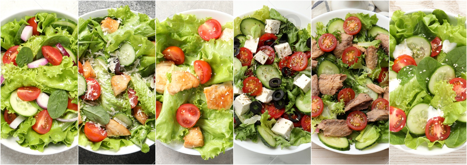 Image of Many different salads on tables, top view. Set