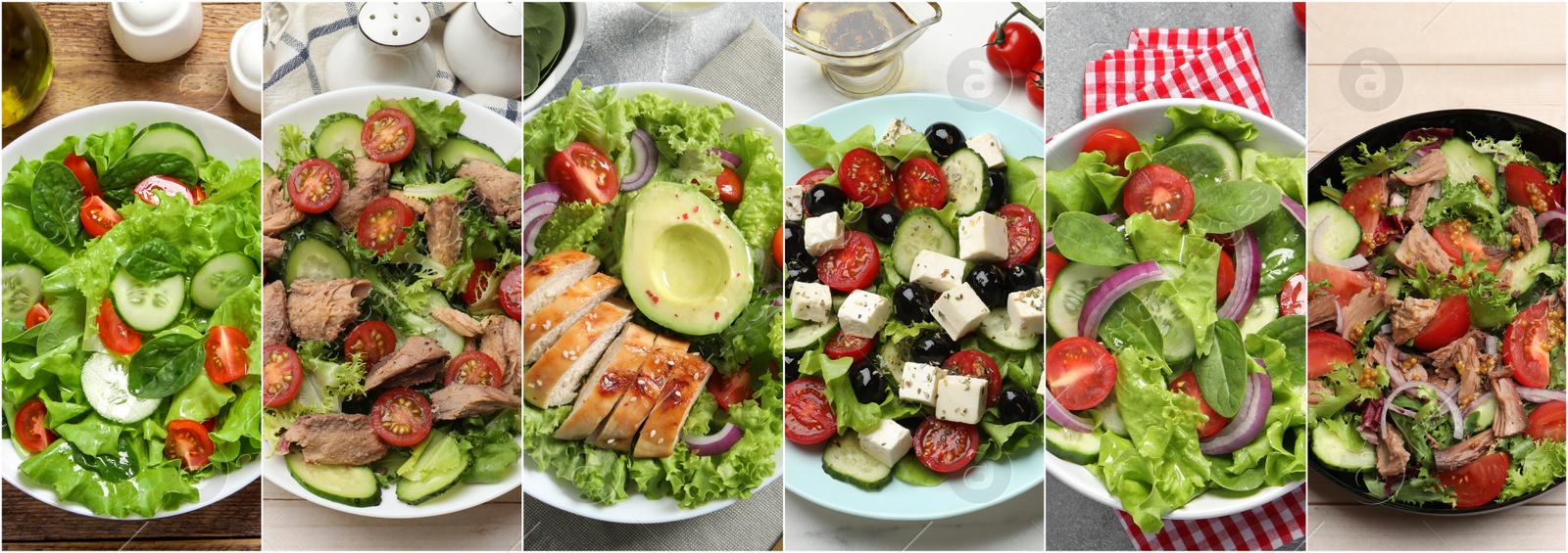 Image of Many different salads on tables, top view. Set