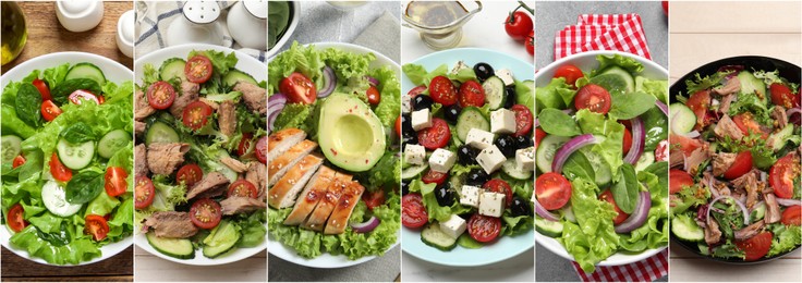 Image of Many different salads on tables, top view. Set