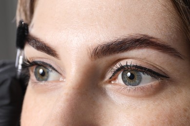 Photo of Young woman after henna eyebrows dyeing, closeup