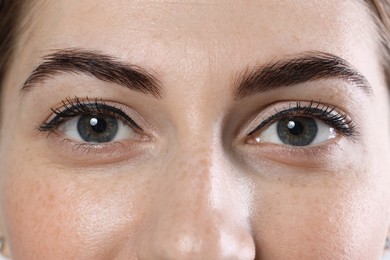 Photo of Beautiful young woman after henna eyebrows dyeing, closeup