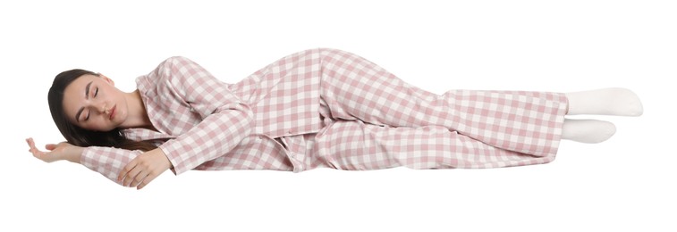 Photo of Young woman suffering from sleepwalking on chair against white background