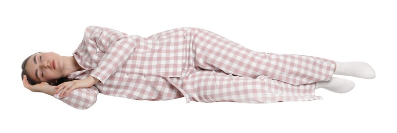 Photo of Young woman suffering from sleepwalking on chair against white background