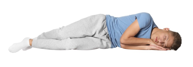 Photo of Handsome young man sleeping against white background