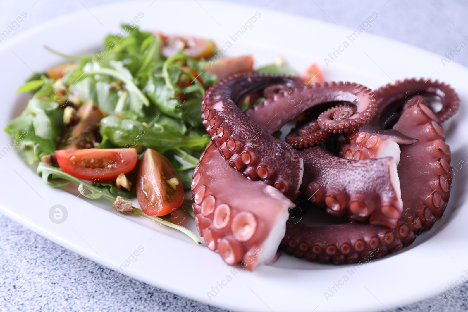 Photo of Plate with tasty boiled octopus tentacles and salad on grey textured table, closeup