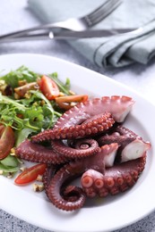 Photo of Plate with tasty boiled octopus tentacles and salad on grey textured table, above view