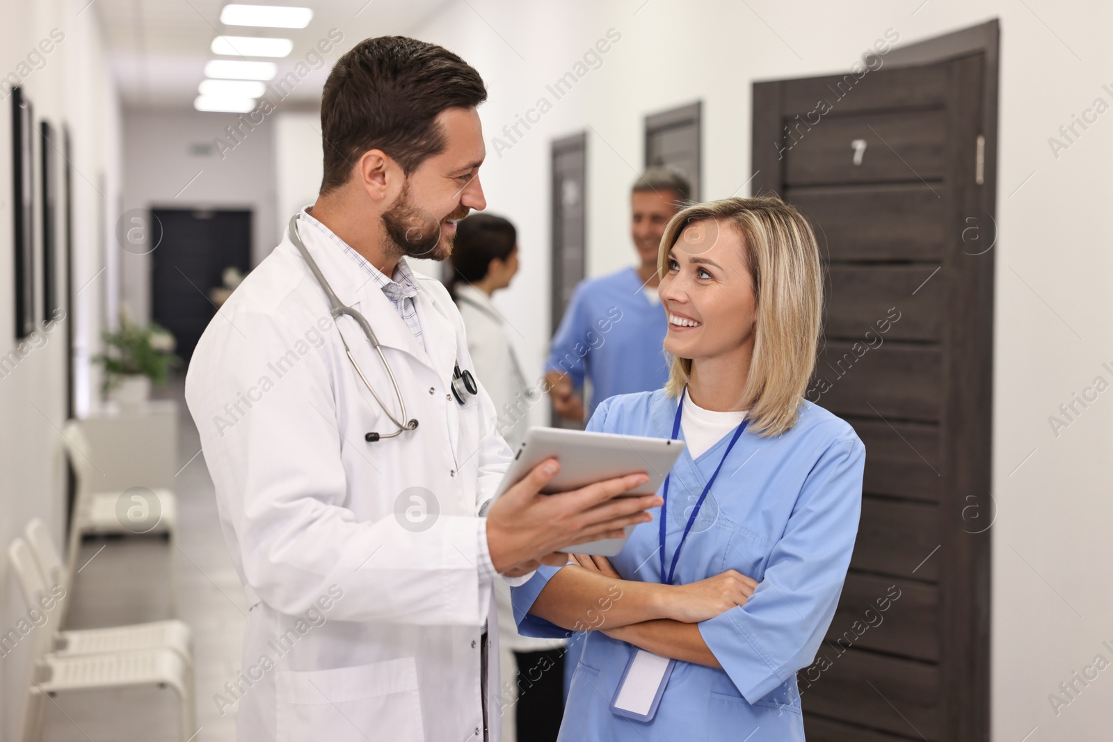 Photo of Healthcare workers in hospital, selective focus. Medical service