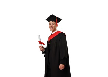 Photo of Happy student with diploma after graduation on white background