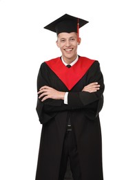 Photo of Happy student with crossed arms after graduation on white background