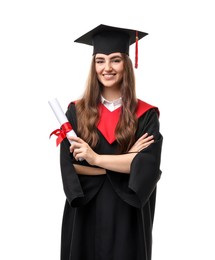 Photo of Happy student with diploma after graduation on white background