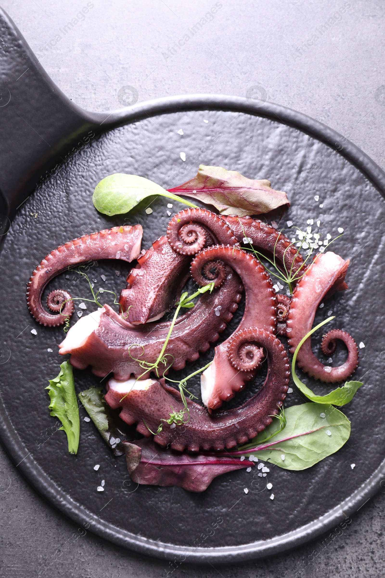 Photo of Tasty boiled octopus tentacles, microgreens and salt on grey textured table, top view.