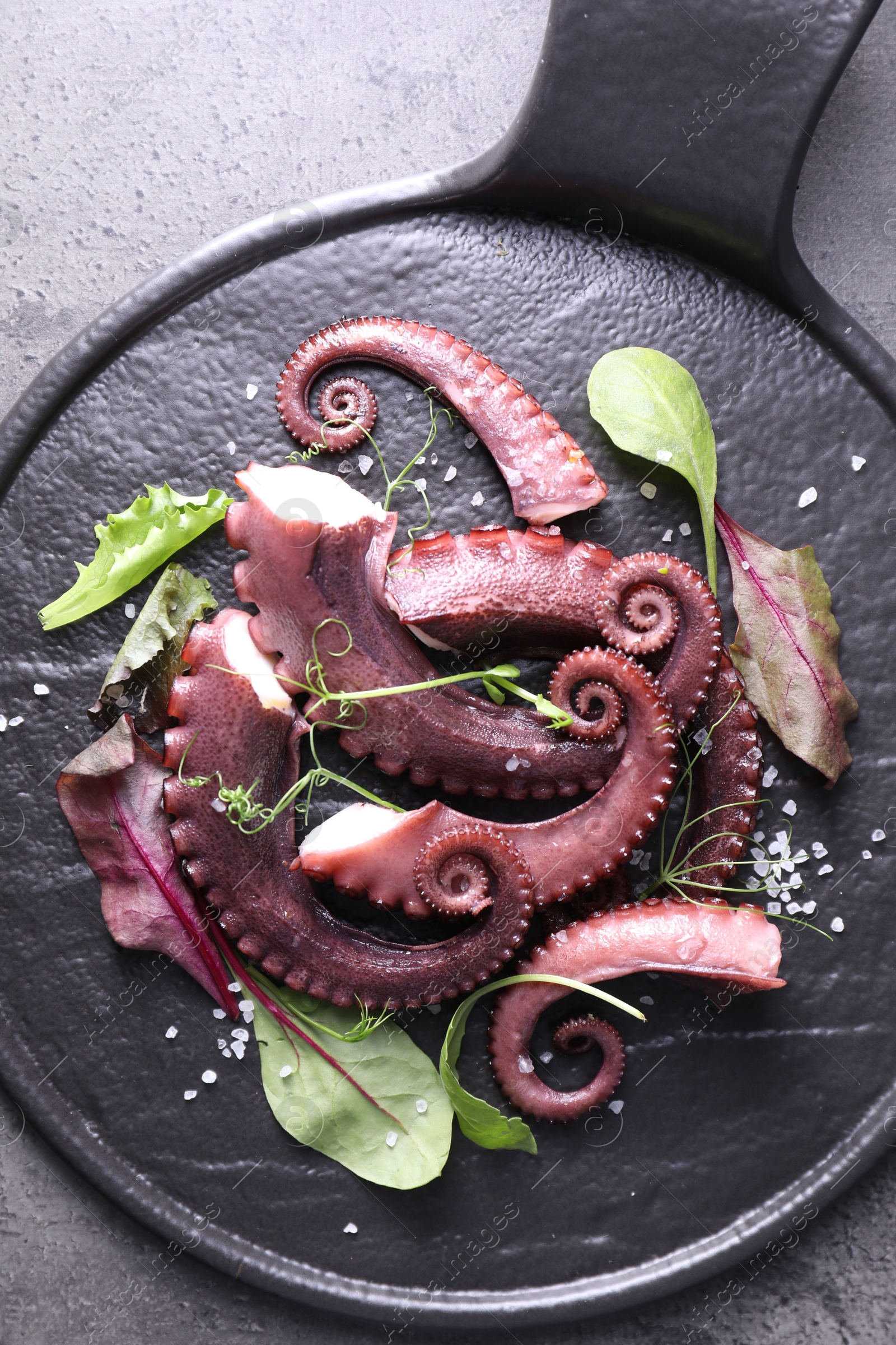 Photo of Tasty boiled octopus tentacles, microgreens and salt on grey textured table, top view.