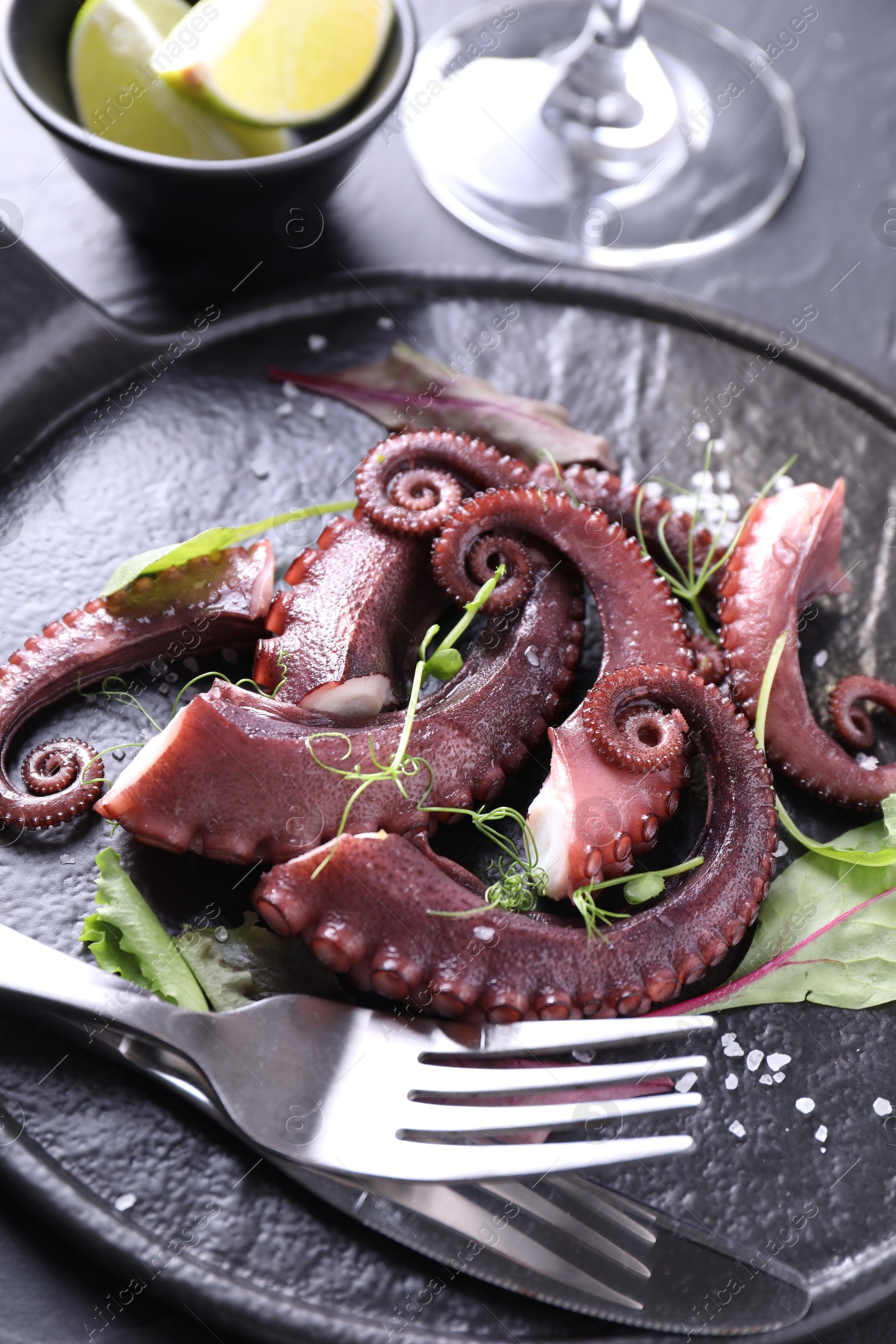 Photo of Tasty boiled octopus tentacles, microgreens, salt and cutlery on grey table, closeup