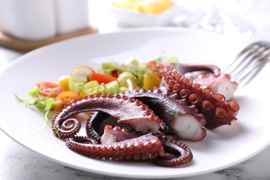 Plate with tasty boiled octopus tentacles and salad on white table, closeup