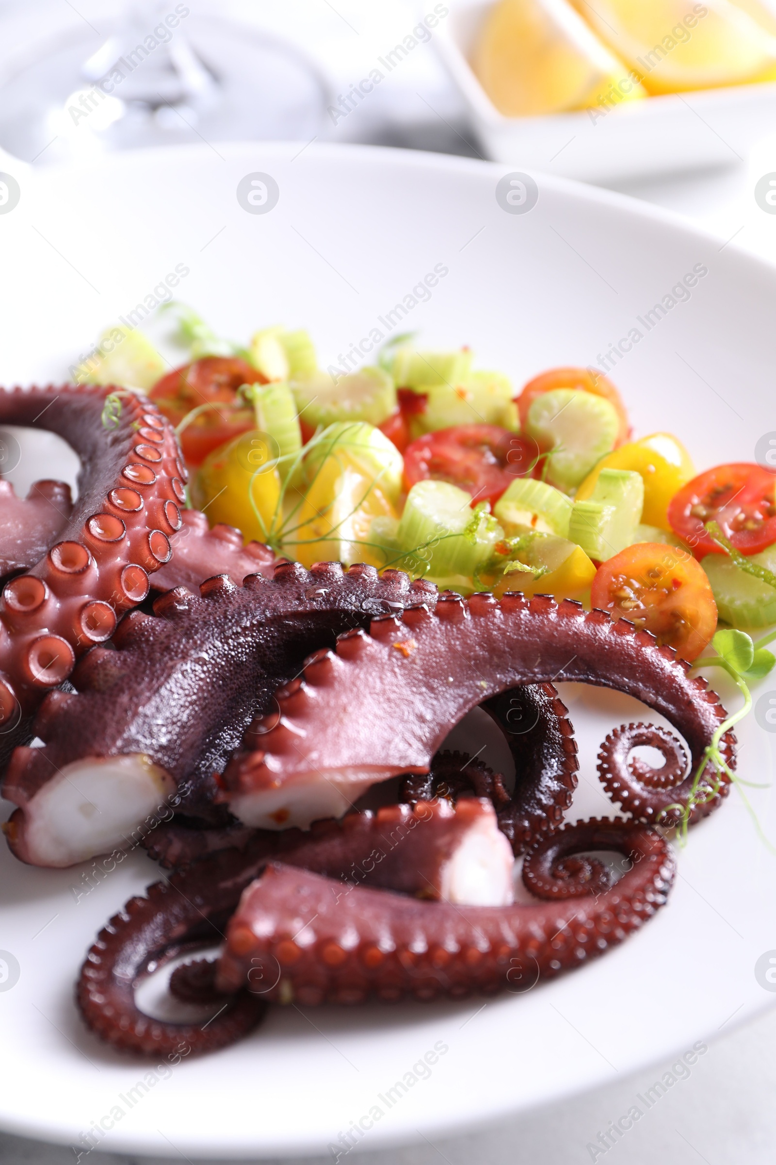 Photo of Plate with tasty boiled octopus tentacles and salad on light table, closeup