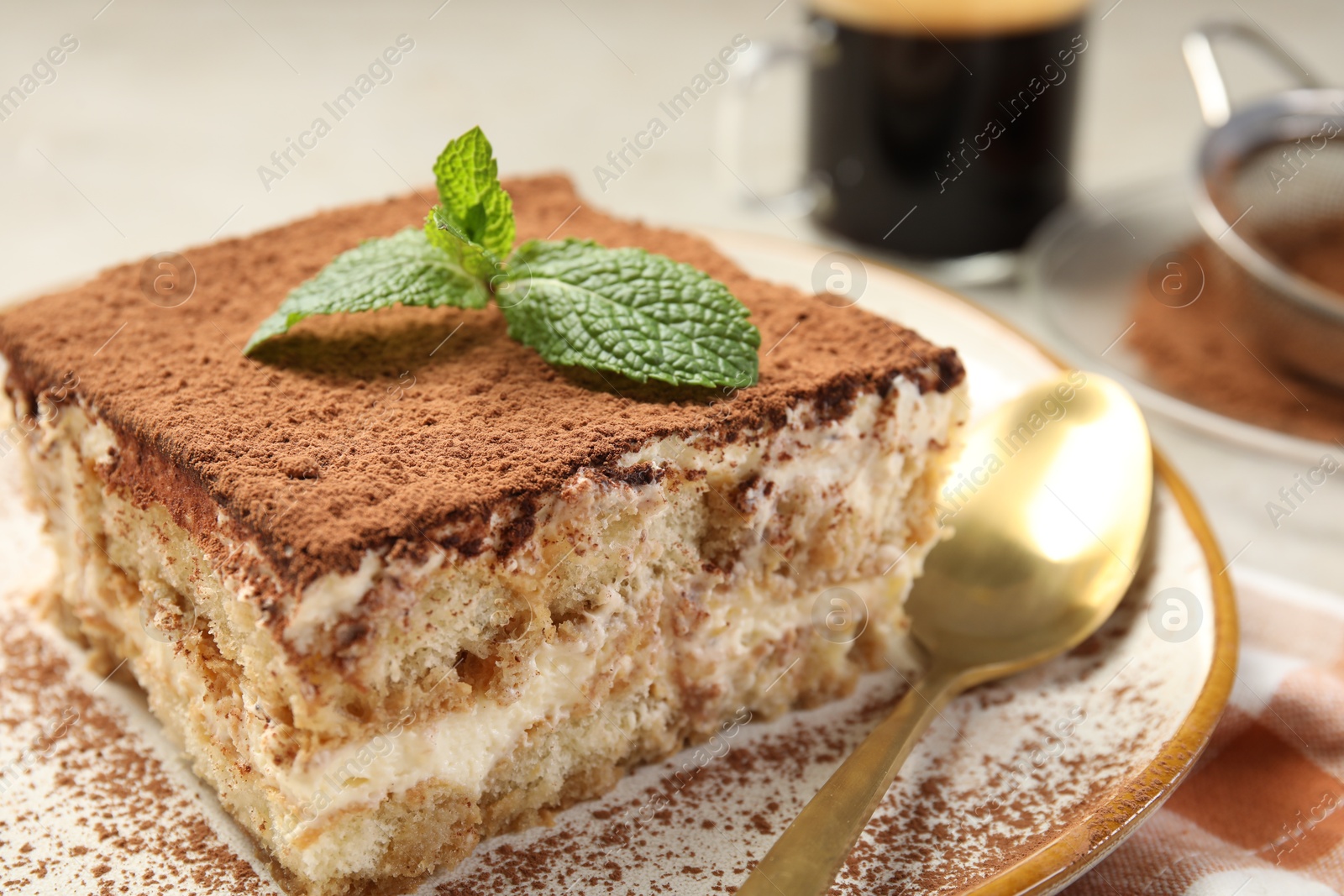 Photo of Piece of tasty tiramisu with fresh mint on table, closeup