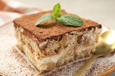 Photo of Piece of tasty tiramisu with fresh mint on table, closeup