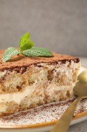 Photo of Piece of tasty tiramisu with fresh mint on table, closeup