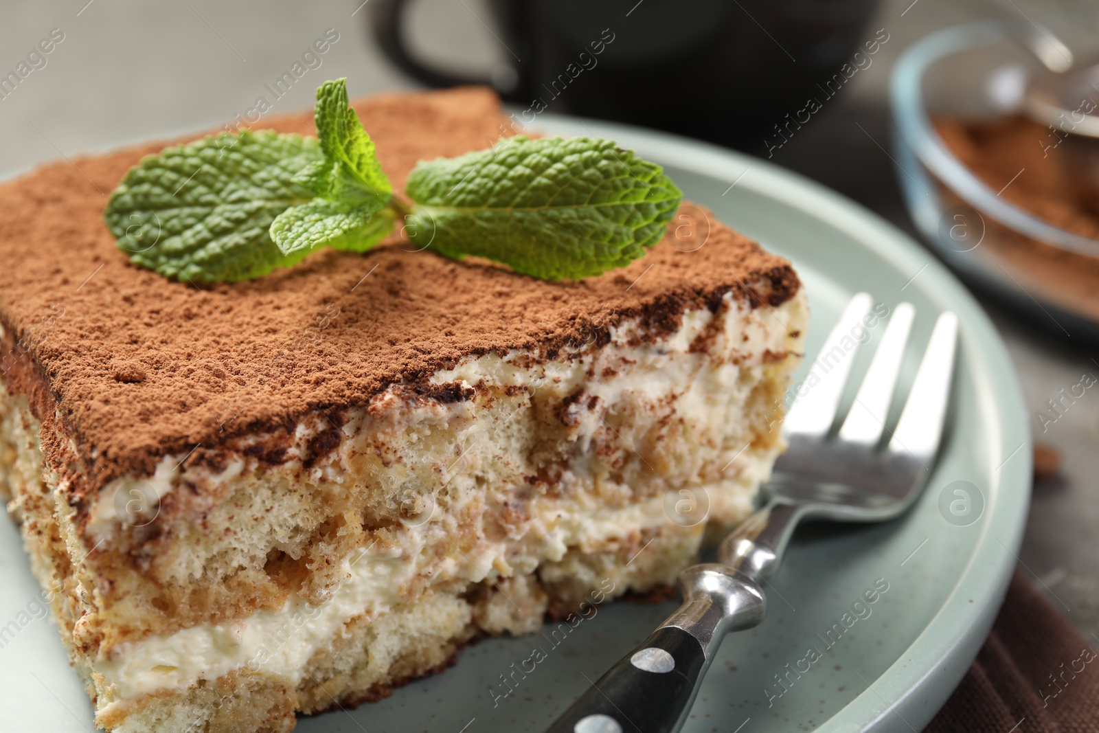 Photo of Piece of tasty tiramisu with fresh mint on table, closeup