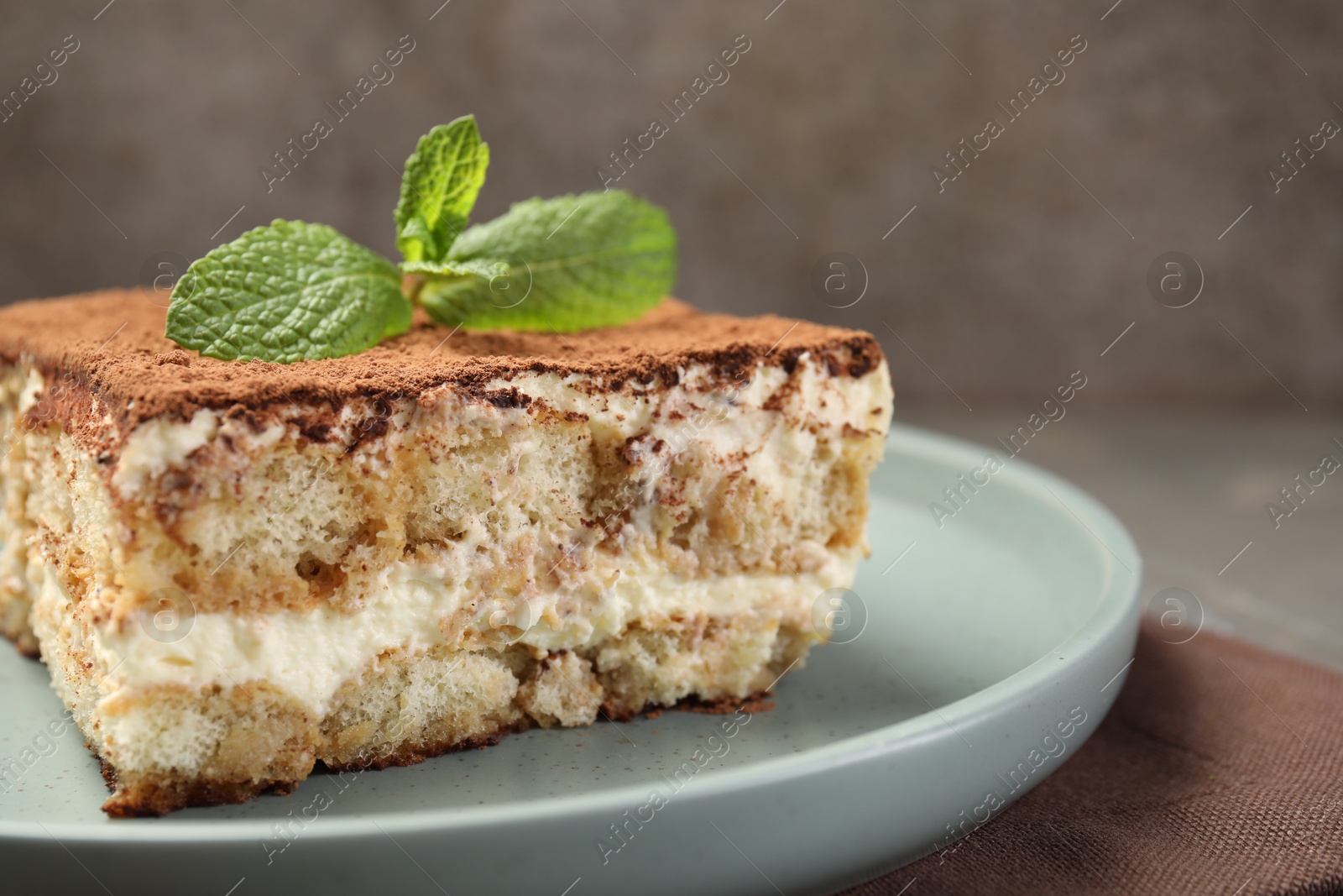 Photo of Piece of tasty tiramisu with fresh mint on table, closeup