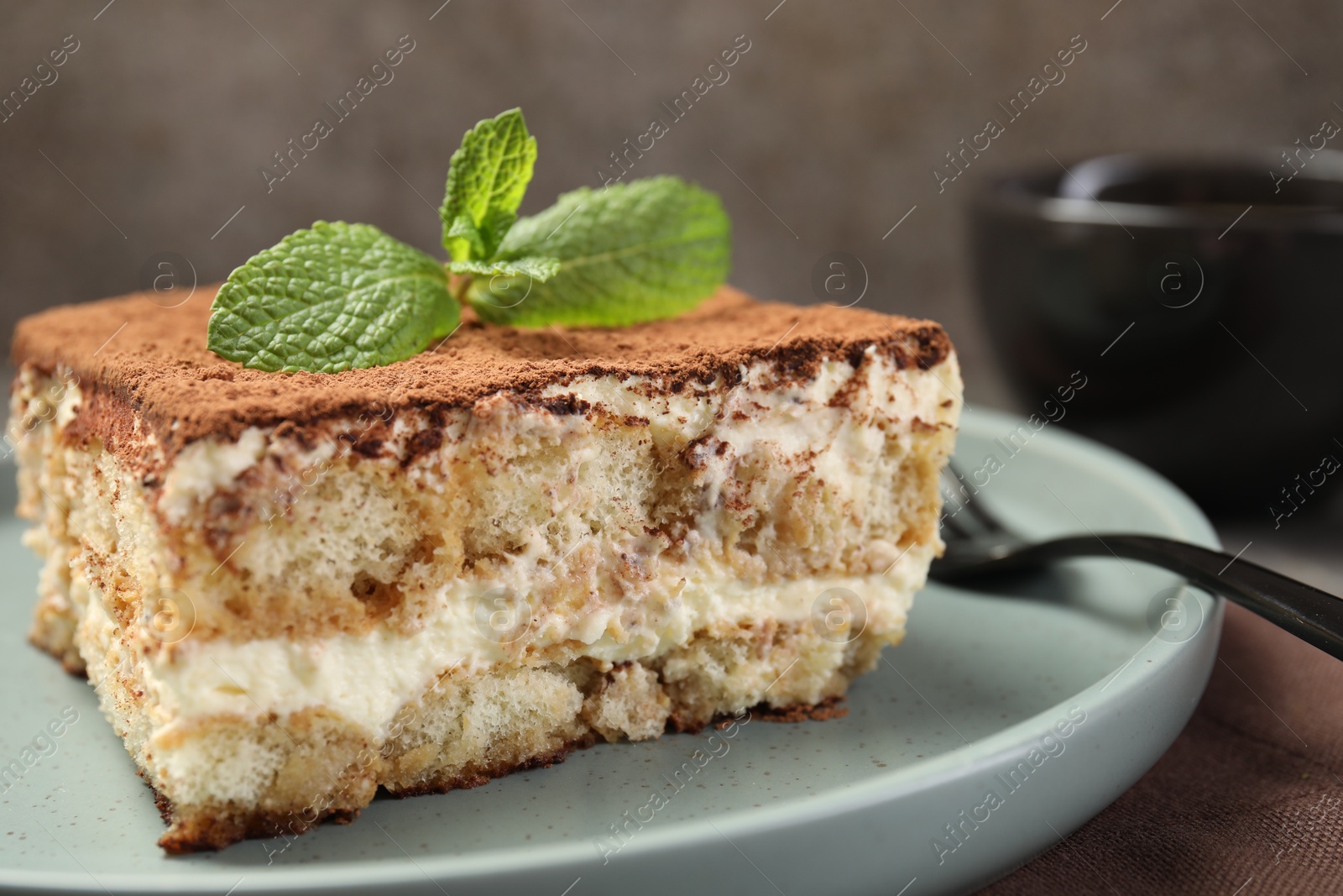 Photo of Piece of tasty tiramisu with fresh mint on table, closeup