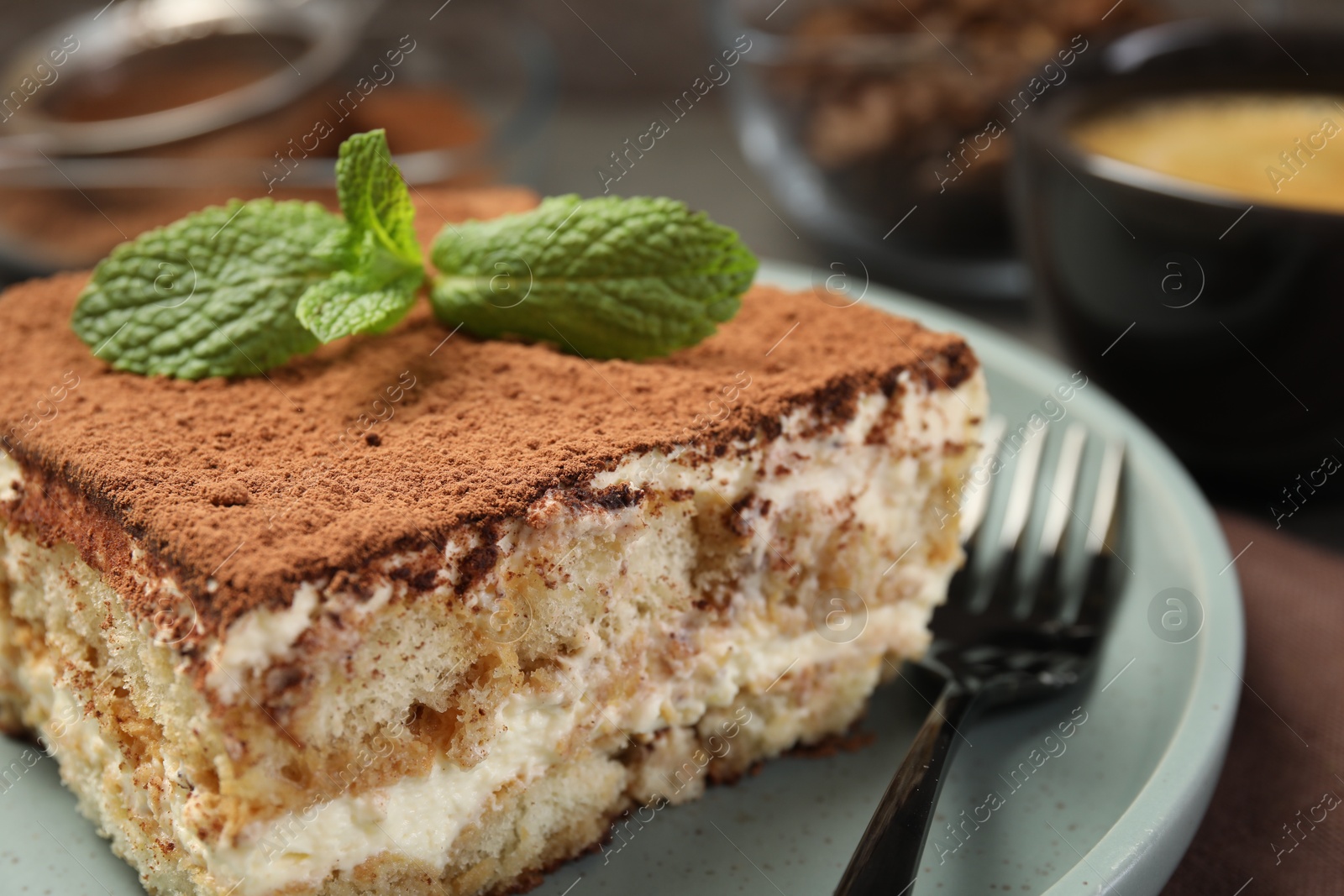 Photo of Piece of tasty tiramisu with fresh mint on table, closeup