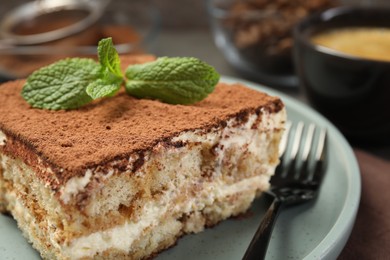 Photo of Piece of tasty tiramisu with fresh mint on table, closeup