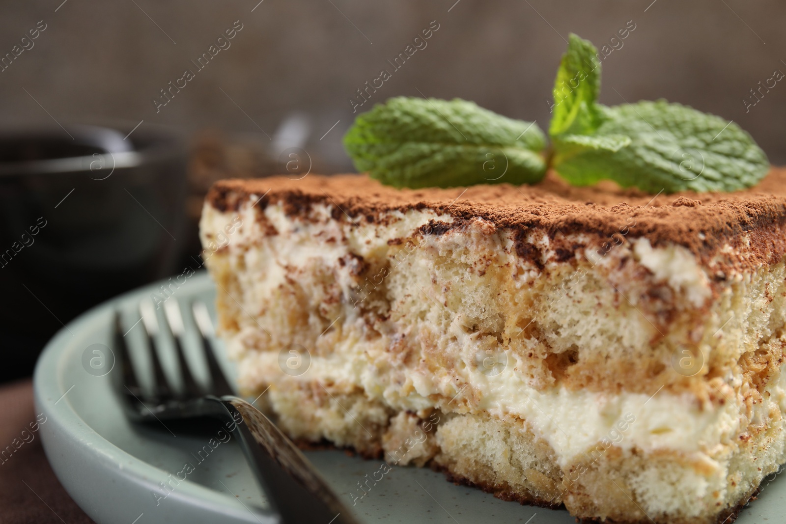 Photo of Piece of tasty tiramisu with fresh mint on table, closeup