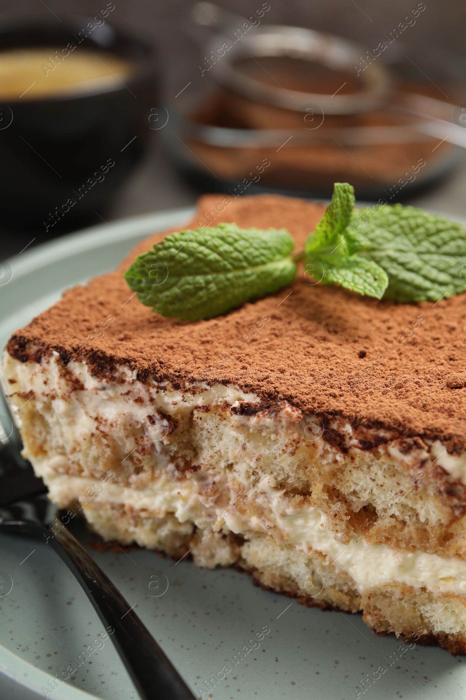 Photo of Piece of tasty tiramisu with fresh mint on table, closeup